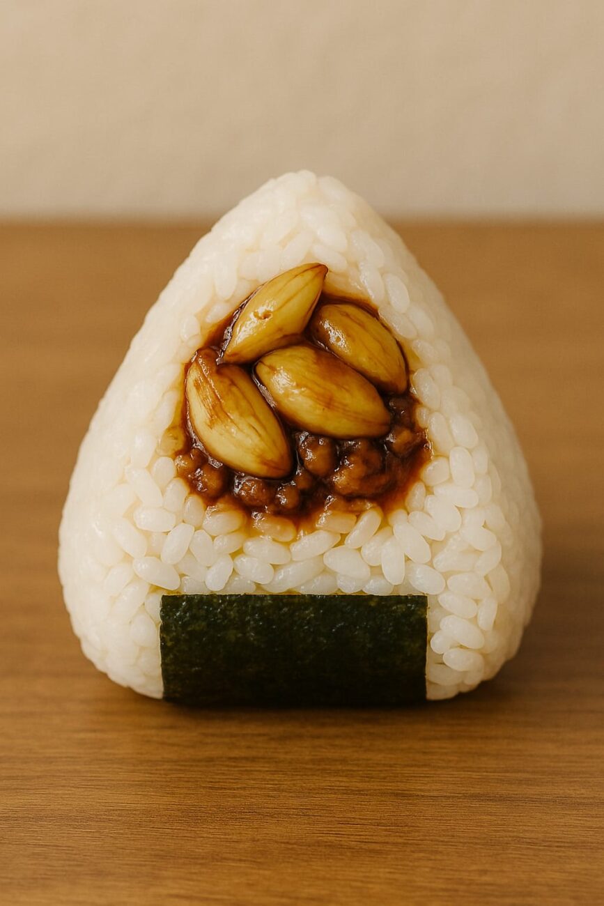 A triangular onigiri filled with seasoned garlic cloves and soy sauce, wrapped partially with nori, set on a wooden surface.