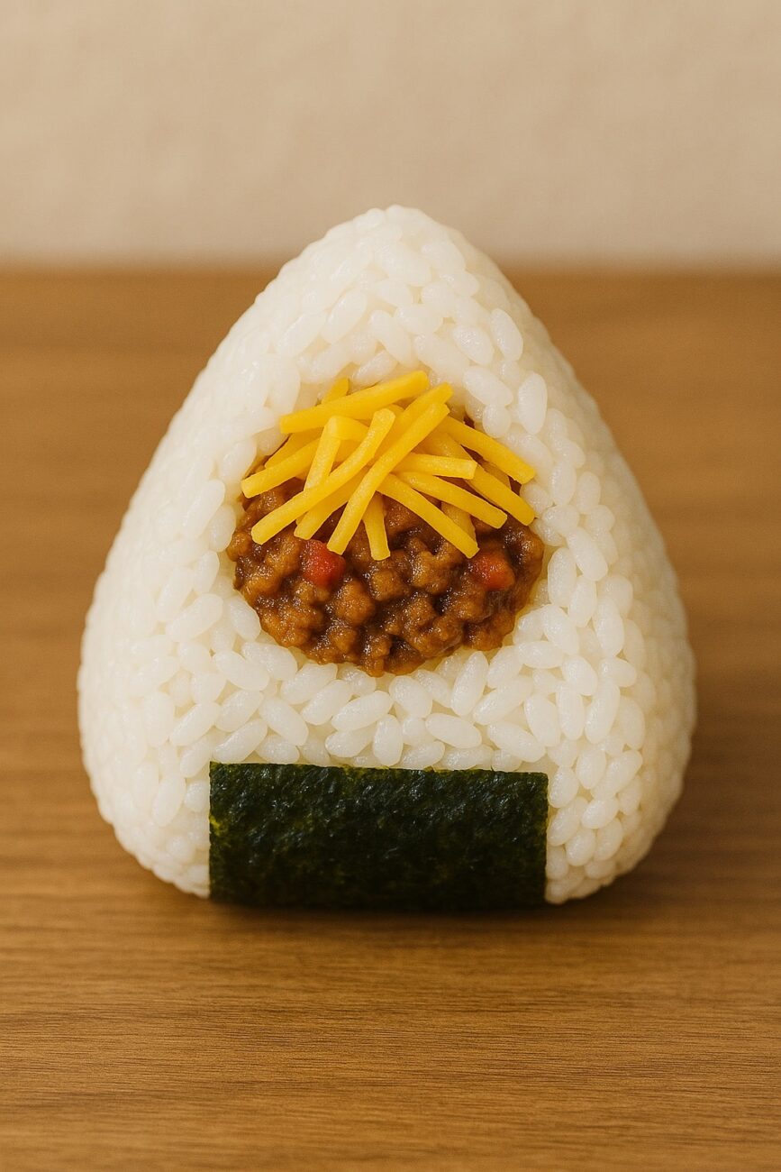 Rice ball filled with minced meat and topped with shredded cheese, wrapped at the base with a small strip of seaweed, placed on a wooden surface.