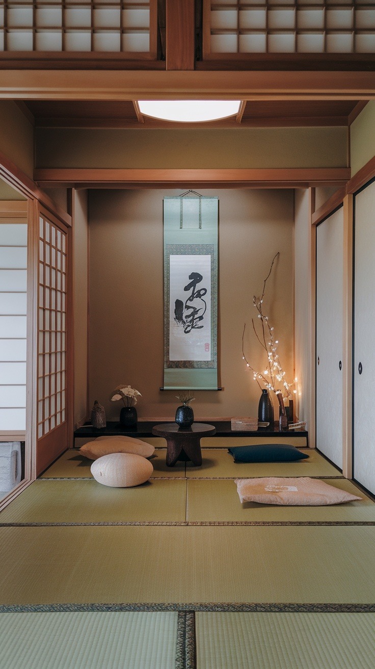 A traditional Japanese tea room with tatami mats, cushions, a low table, and a decorative scroll on the wall. Minimalist decor includes a small branch and a vase.
