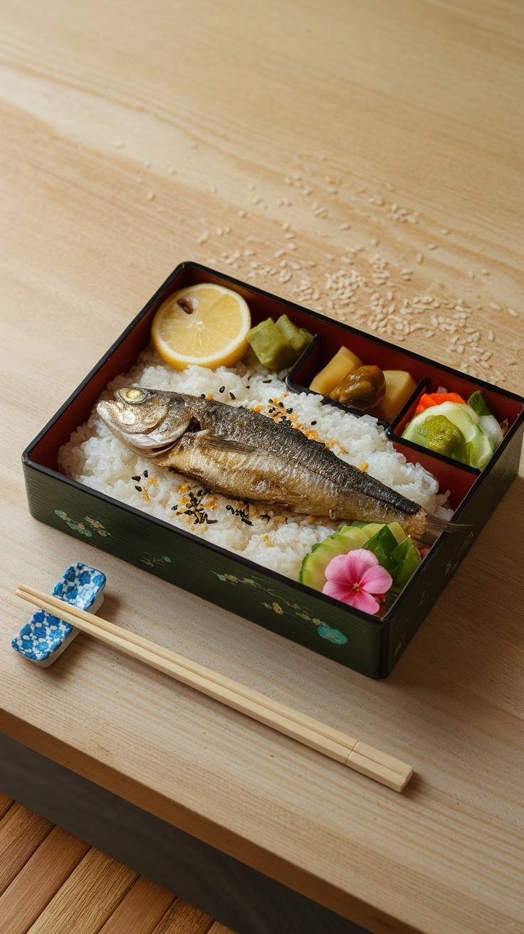 Bento box with grilled fish on rice, topped with sesame seeds, garnished with a lemon slice and pink flower, accompanied by pickled vegetables. Chopsticks rest on the side.