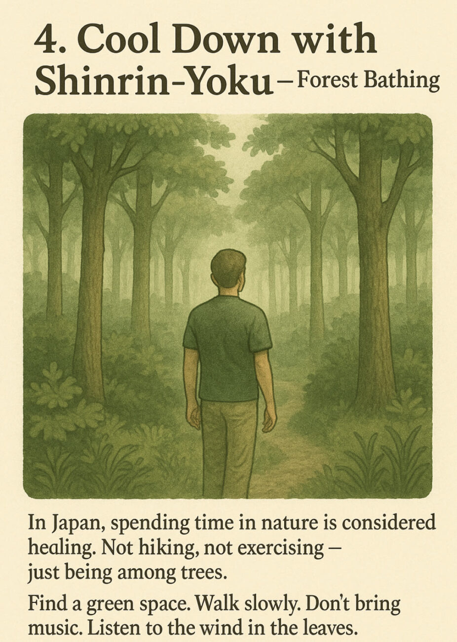 A person stands in a green forest, facing away, surrounded by tall trees. Text explains forest bathing (Shinrin-yoku) as a healing practice involving peaceful time in nature.