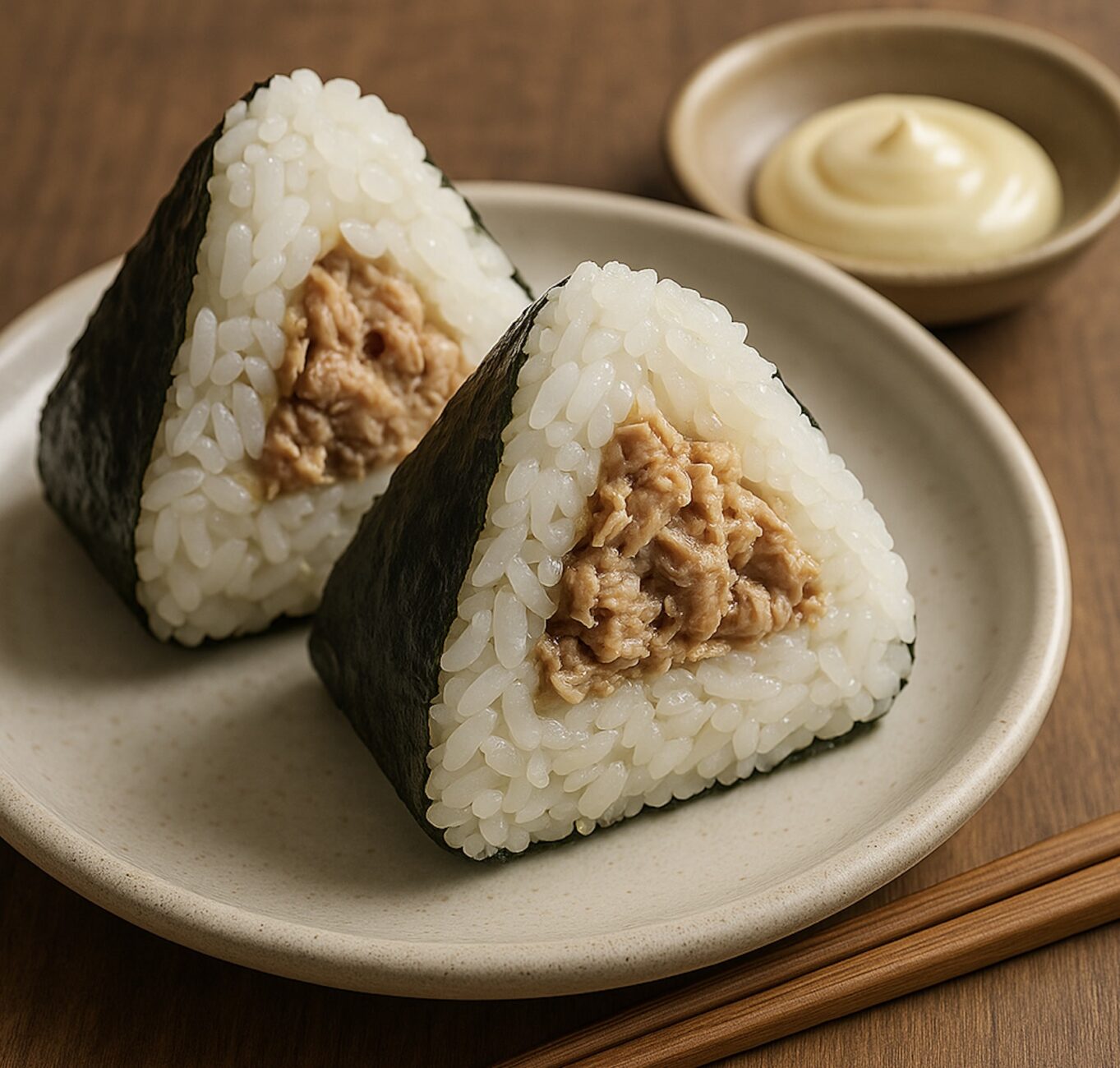 Two triangular rice balls with seaweed and tuna filling on a plate, accompanied by a small dish of mayonnaise and a pair of chopsticks.