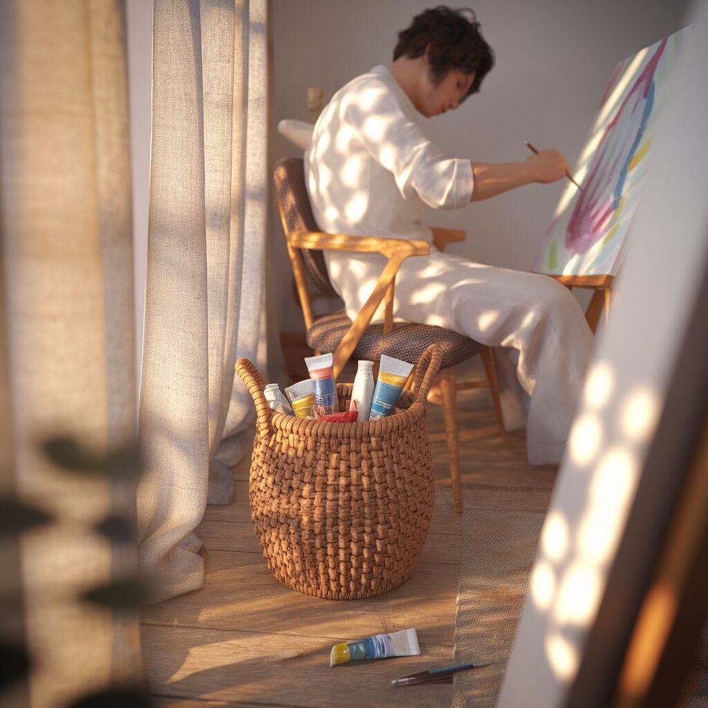 A person in loungewear sits at an easel painting near a window, with natural light streaming in. A wicker basket holding paint tubes and brushes is on the floor nearby.