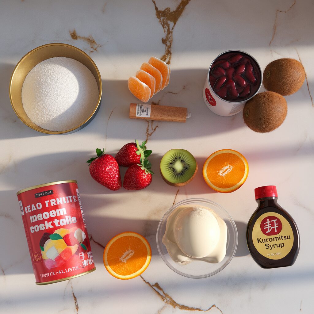 Various ingredients for a dessert are arranged on a marble surface, including fruit, canned syrup, sugar, vanilla ice cream, and a bottle of Kuromitsu syrup.