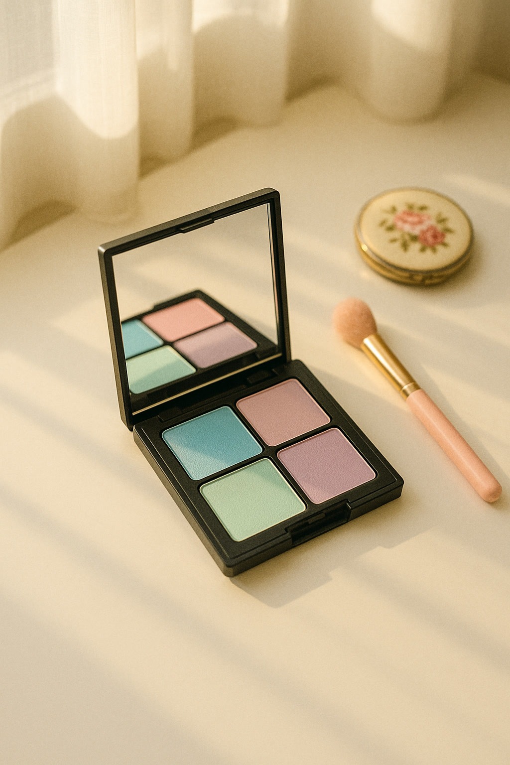 An open makeup palette with four pastel eyeshadow shades, a mirror, a makeup brush, and a round floral compact on a beige surface under soft sunlight.