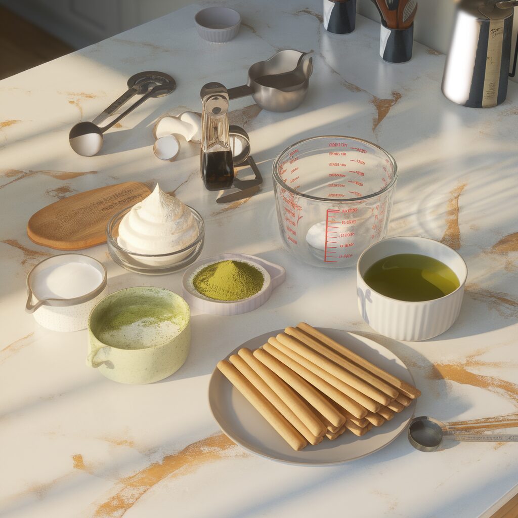 A countertop with baking ingredients and tools, including ladyfingers, matcha powder, a bowl of whipped cream, a measuring cup, olive oil, sugar, and measuring spoons.