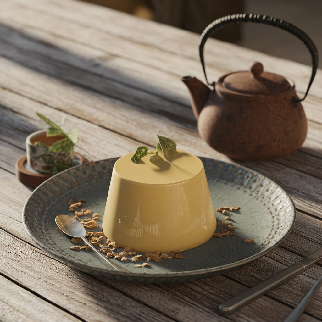 A yellow custard dessert garnished with mint leaves sits on a plate with a spoon and oats, next to a ceramic teapot and teacup on a wooden table.