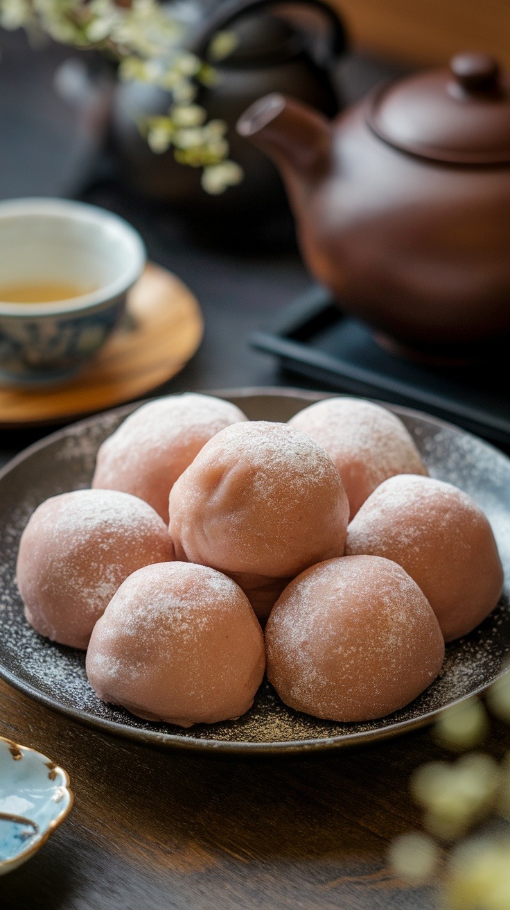 A plate of pink mochi, dusted with powdered sugar, is arranged near a teapot and teacup on a wooden table.