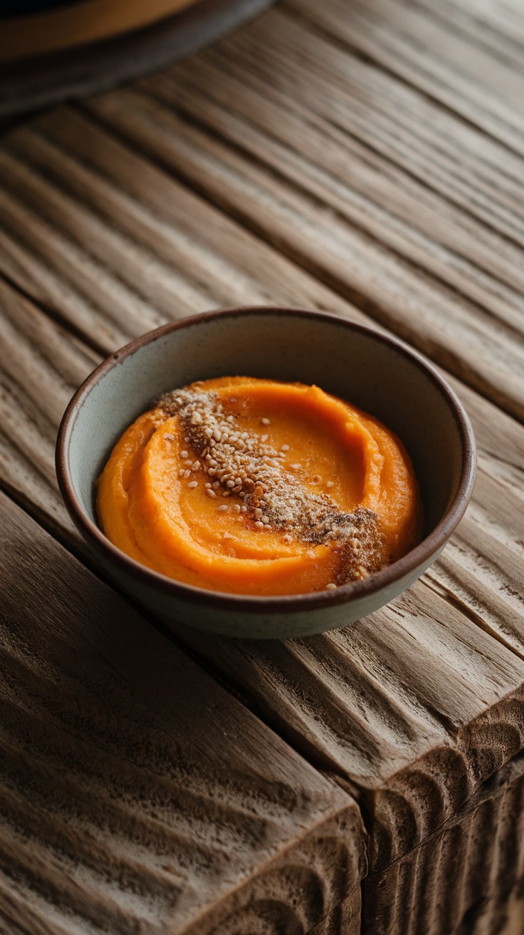 Bowl of orange hummus garnished with spices, placed on a textured wooden surface.