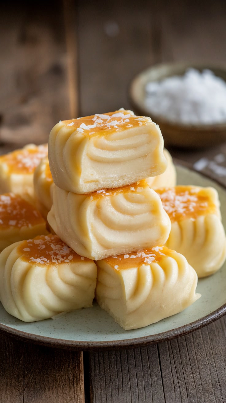 A stack of creamy, square-shaped caramel fudge pieces, topped with salt flakes, on a plate.