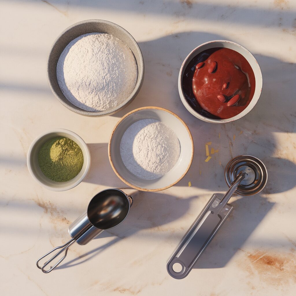 Four bowls with powder, green matcha, and chocolate mixture on a marble surface next to a metal measuring scoop and tablespoon.
