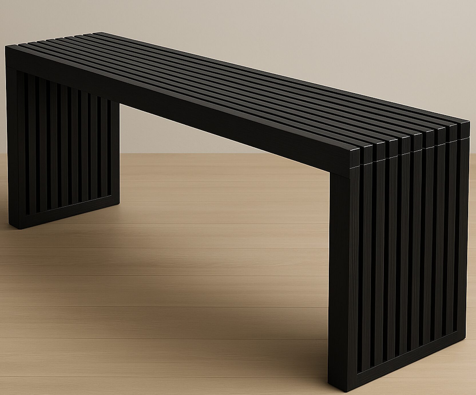 A modern, minimalist black bench with a slatted design is placed on a wooden floor against a plain, light-colored wall.