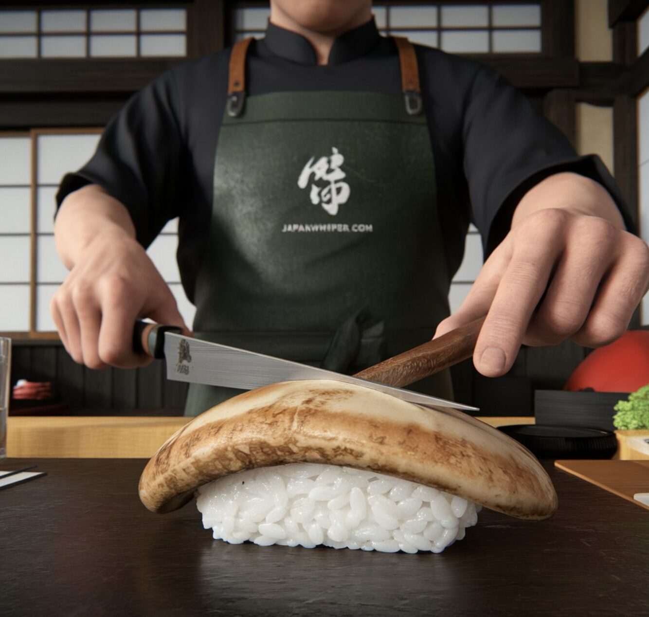 A chef in a dark apron slices a large mushroom on top of sushi rice in a traditional Japanese restaurant setting.