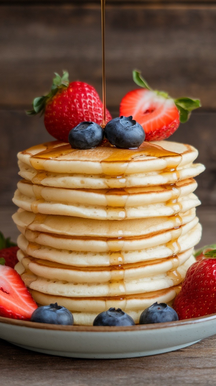 A stack of pancakes topped with syrup, blueberries, and strawberries on a plate.