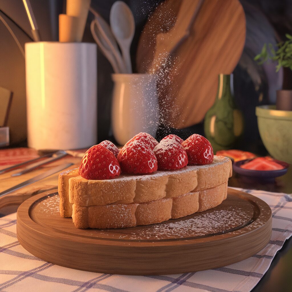 Two slices of bread topped with whole strawberries and sprinkled with powdered sugar sit on a wooden plate in a kitchen setting.