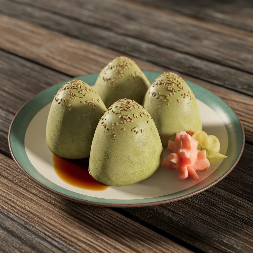 Four green tea-flavored rice cakes topped with seeds, served on a plate with soy sauce, pickled ginger, and wasabi on a wooden surface.