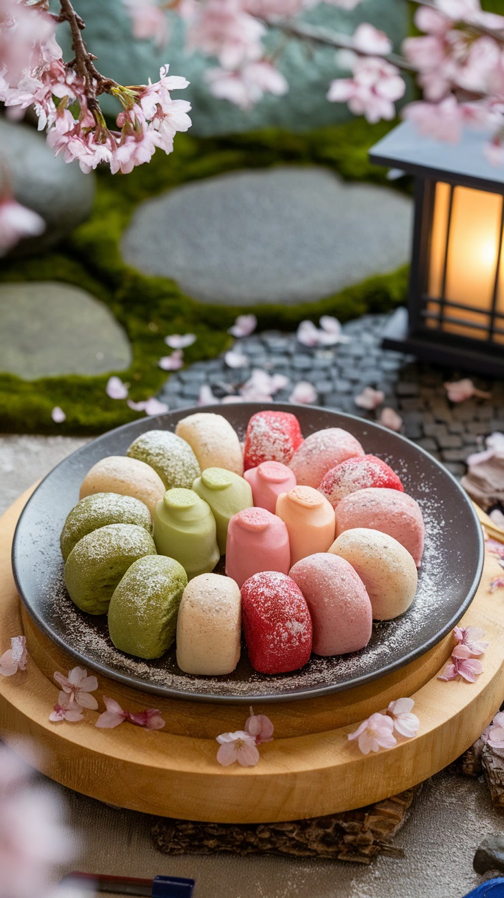 A plate of colorful Japanese mochi sits on a wooden tray, surrounded by cherry blossoms. A lantern is visible in the background.