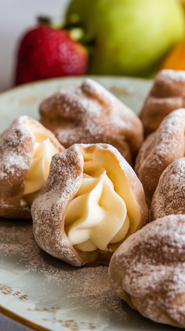 Close-up of cream-filled pastries dusted with powdered sugar on a plate, with a strawberry and green apple blurred in the background.