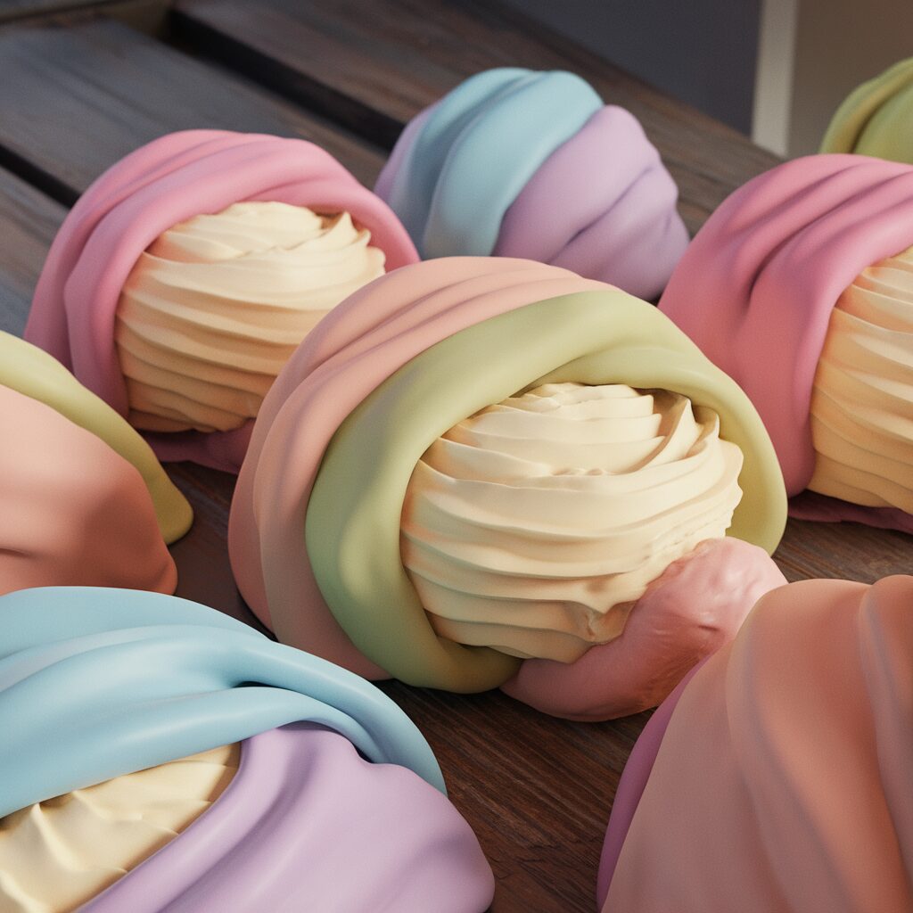 Colorful swirled pastries with cream filling are arranged on a wooden surface.