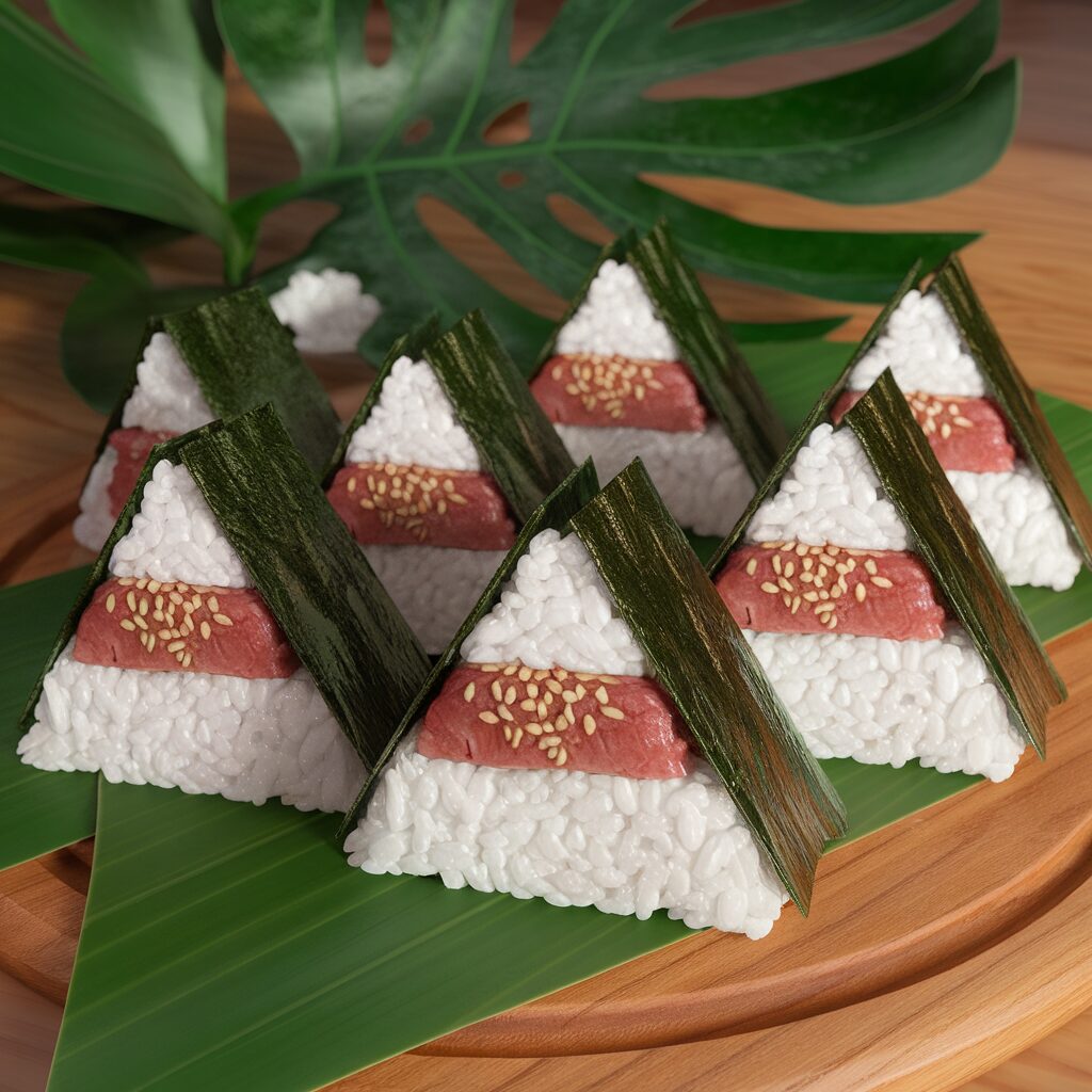 Triangular sushi pieces with a layer of raw fish and sesame seeds, wrapped in seaweed, are arranged on a leaf atop a wooden tray with tropical leaves in the background.