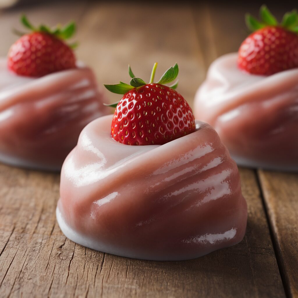 Three strawberry-topped mochi desserts with a glossy pink exterior are arranged on a wooden surface.