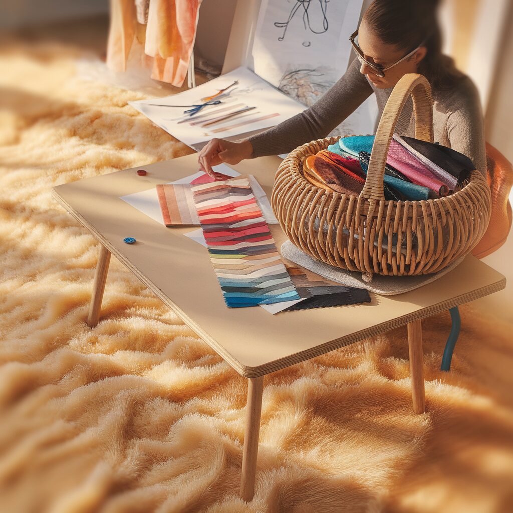A person sits on a furry carpet by a table, examining fabric swatches next to a basket filled with more swatches, with sketches and art supplies nearby.