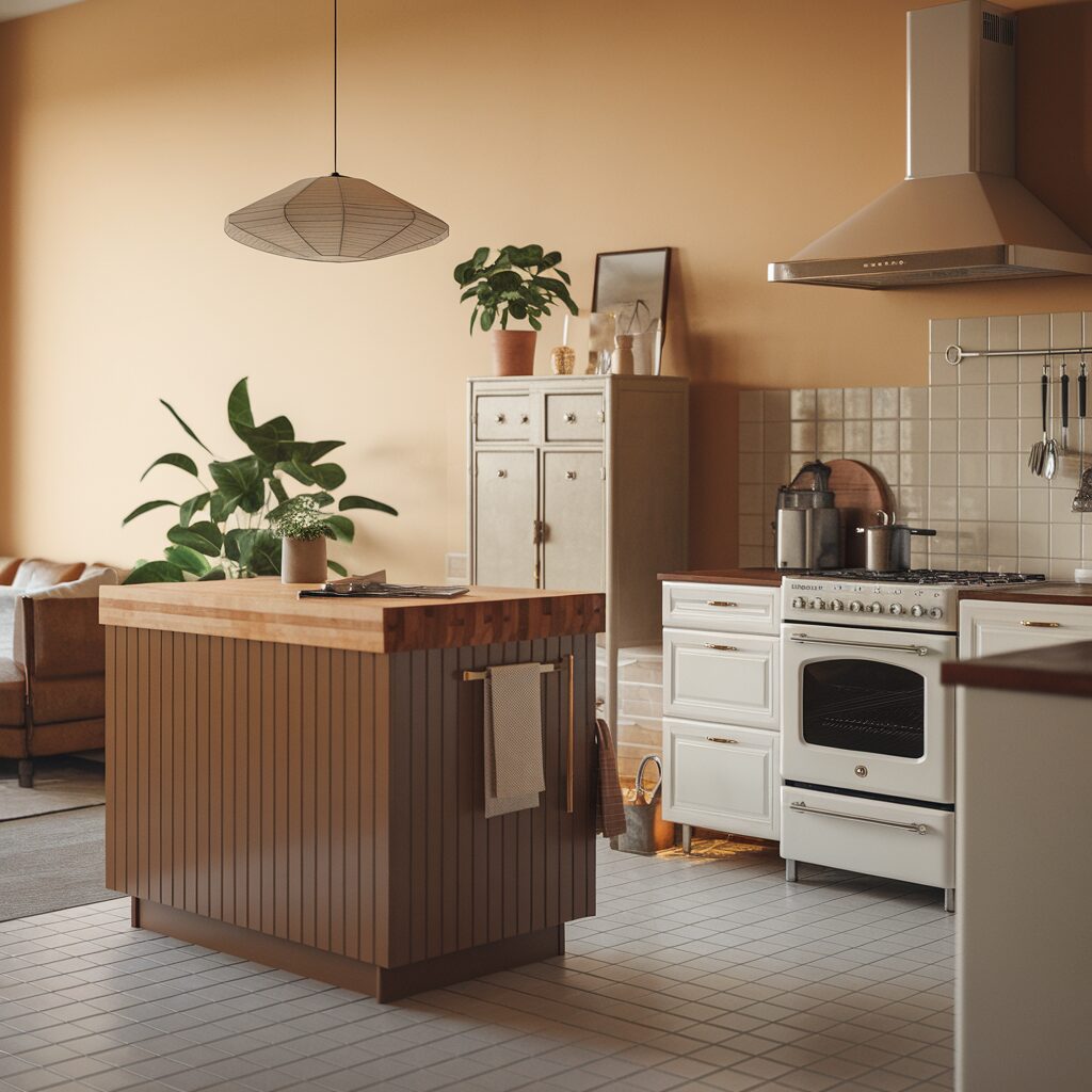 A modern kitchen with a central wooden island, white stove, tiled backsplash, cabinets, hanging light fixture, and green potted plants against a beige wall.