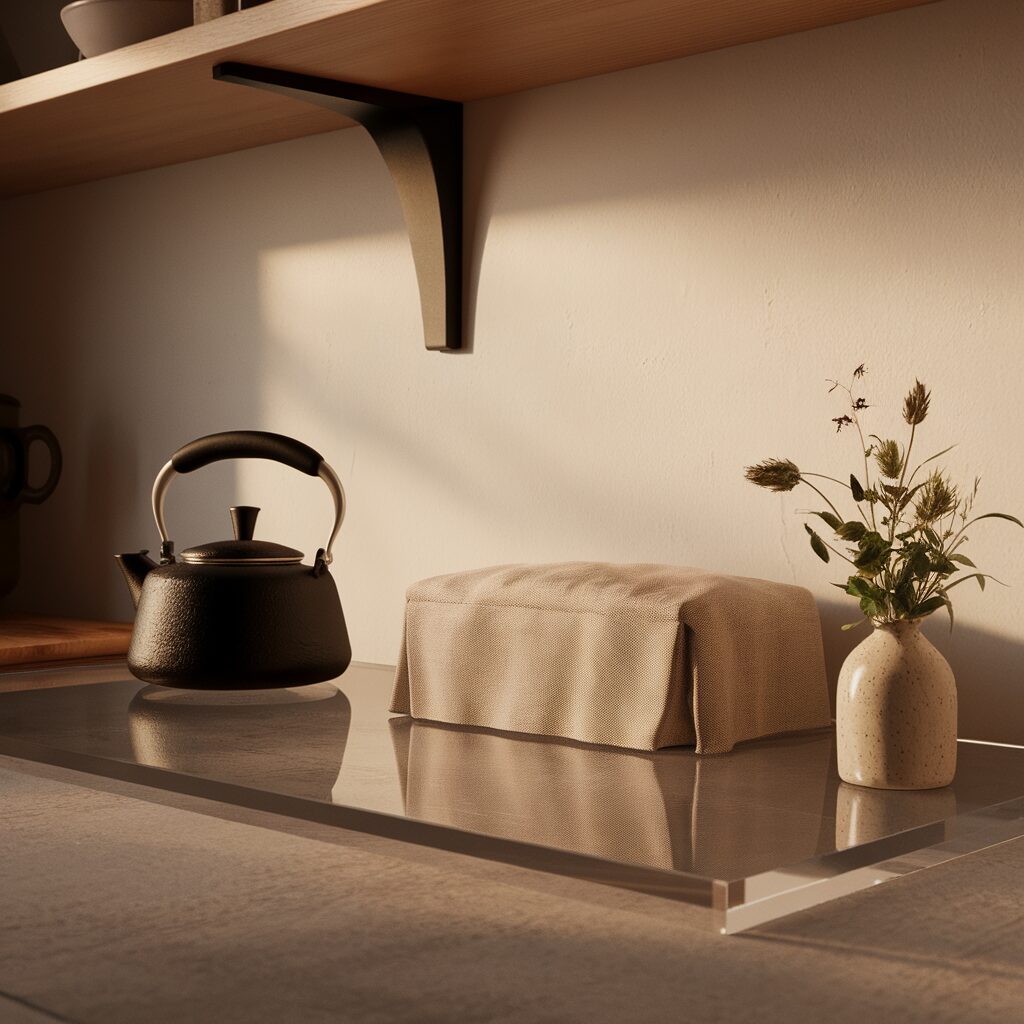 A black kettle, a covered loaf of bread, and a small vase with wildflowers sit on a kitchen counter beneath a wooden shelf.
