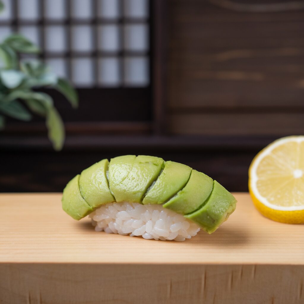 A piece of sushi topped with sliced avocado is placed on a wooden board next to a lemon wedge, with a blurred plant and shoji screen in the background.