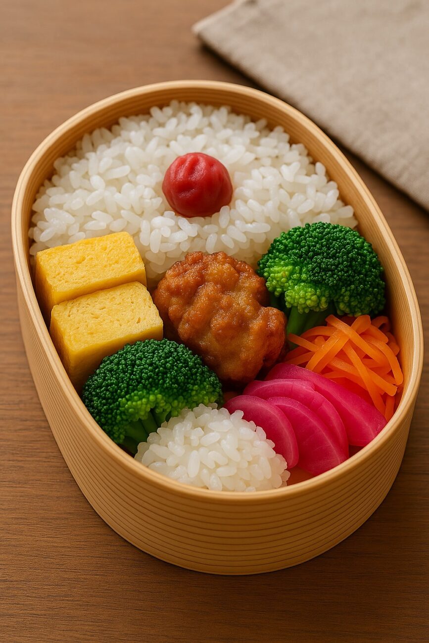 A bento box with white rice, a pickled plum, broccoli, tamagoyaki, a fried piece of chicken, pickled radish, and shredded carrots on a wooden surface.