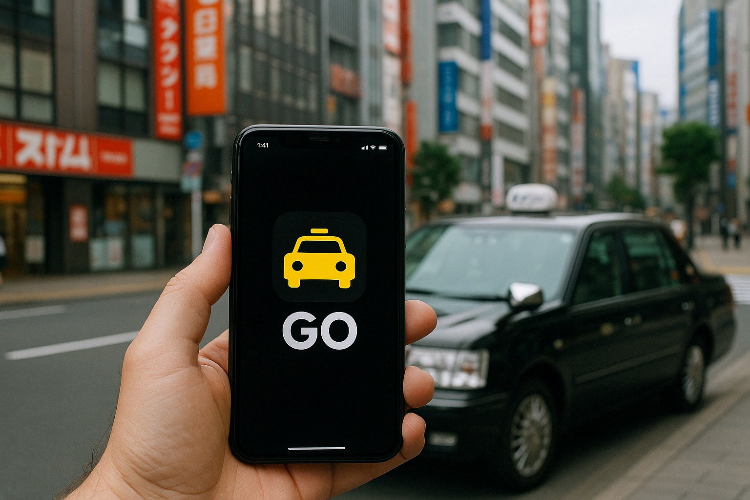 A hand holds a smartphone displaying a taxi app with a “GO” logo; a black taxi and city buildings are visible in the background.