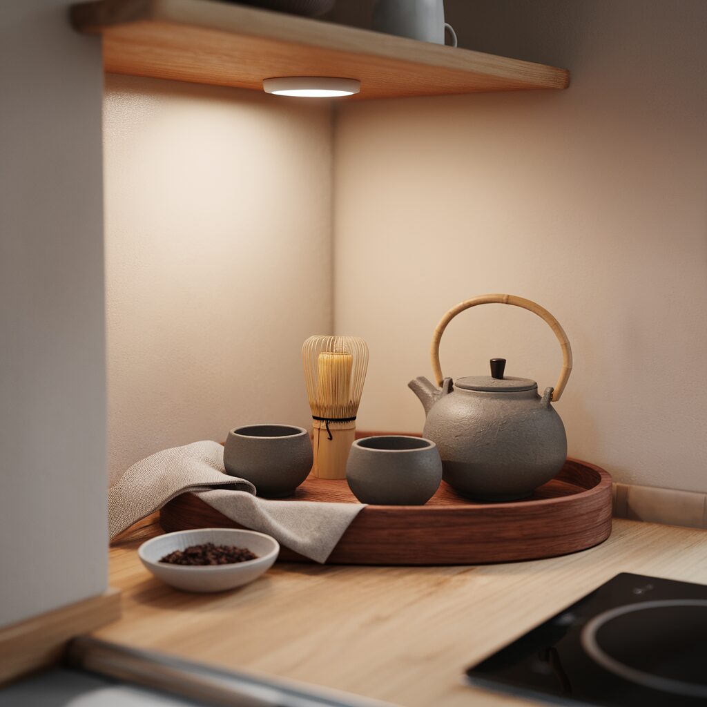 A teapot, two cups, and a whisk rest on a wooden tray under a shelf light, with a small bowl of coffee beans on the counter beside them.