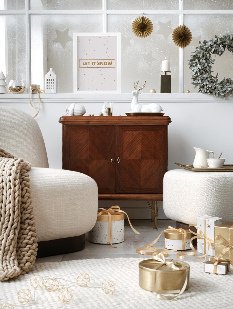 Illustration of a woman tidying a living room with plants, books, and a lamp. Text above encourages caring for your home with intention and love for a peaceful environment.