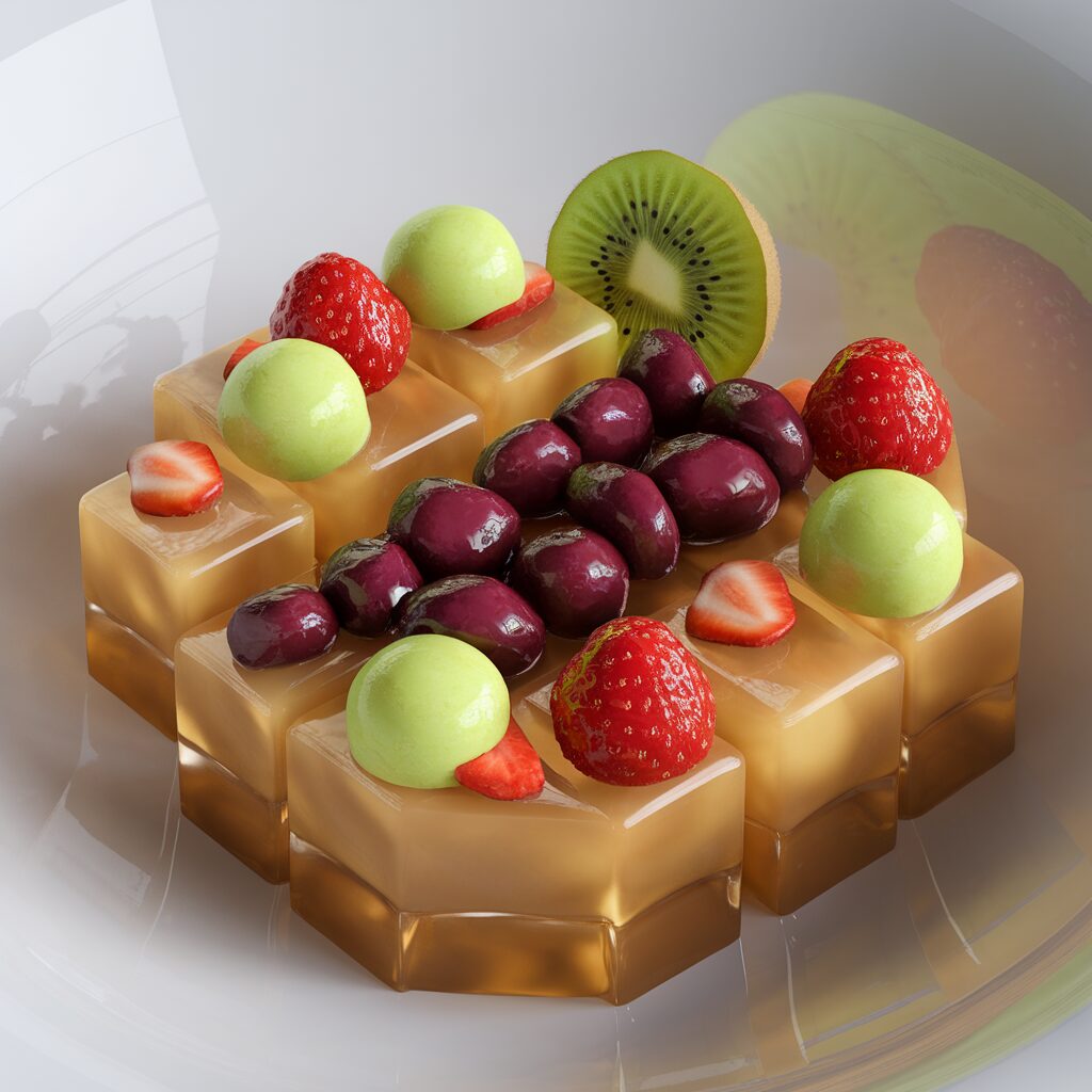 A geometric arrangement of translucent brown jelly cubes topped with strawberries, grapes, green melon balls, and a kiwi slice, served on a white plate.