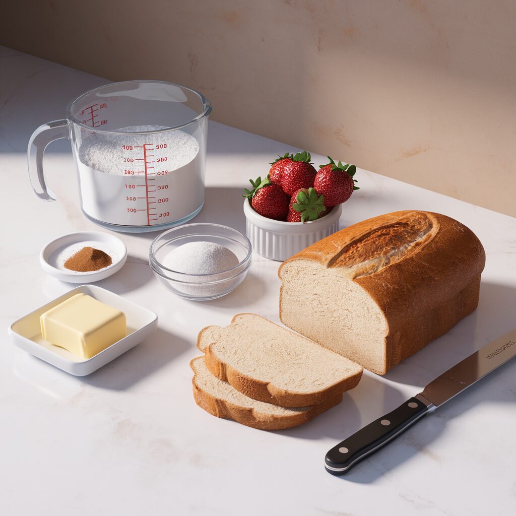A loaf of bread with slices, a knife, butter, sugar, cinnamon, flour in a measuring cup, and a bowl of strawberries arranged on a white countertop.