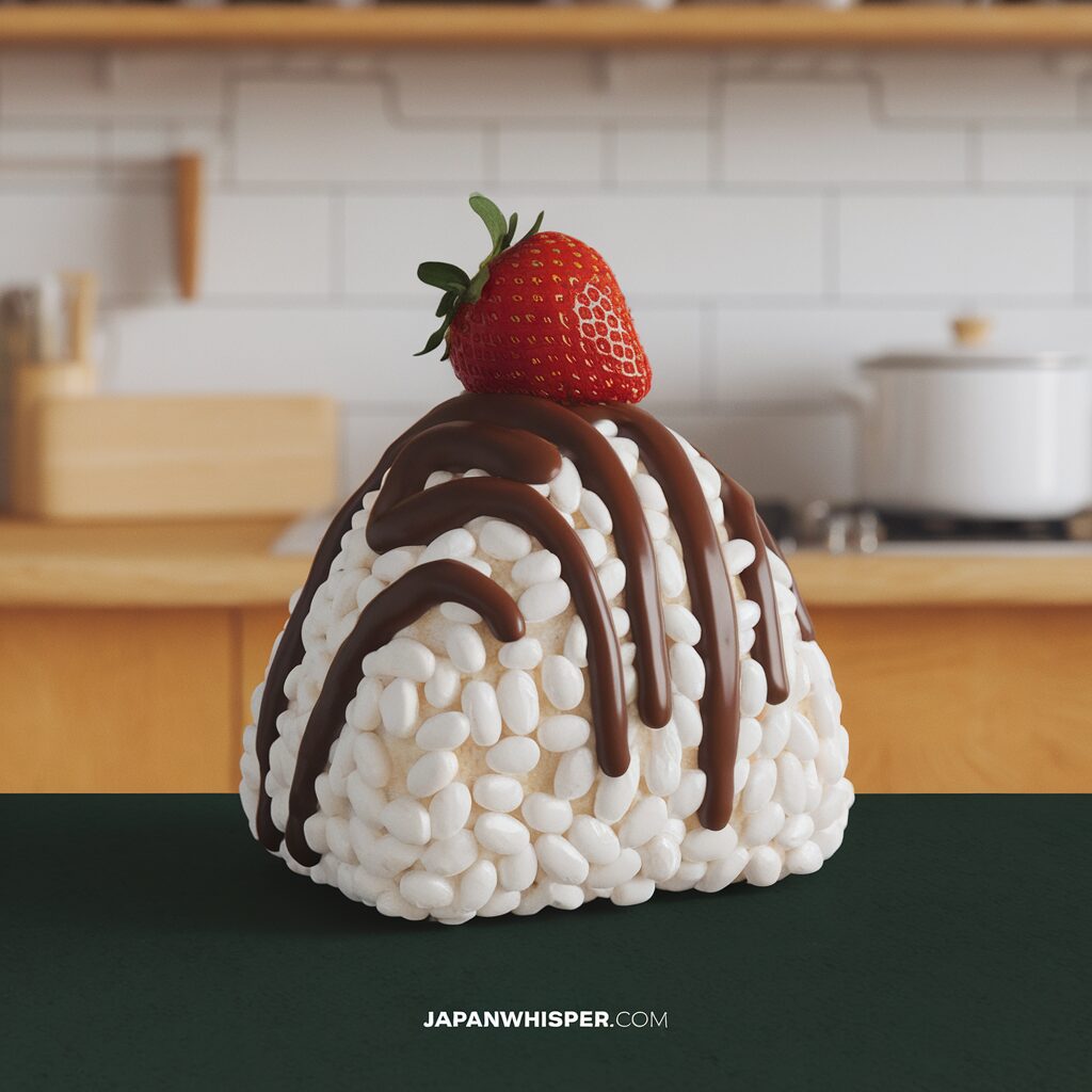A triangular rice ball coated with chocolate sauce, topped with a single strawberry, sits on a dark green surface in a kitchen setting.