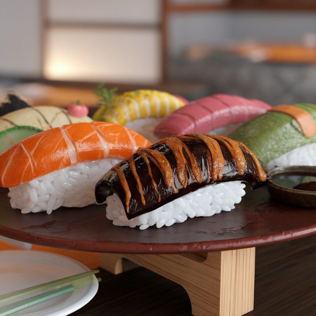 A wooden platter with assorted sushi pieces, including salmon, eel, tuna, and other varieties, sits on a table with chopsticks and a small dish of soy sauce nearby.