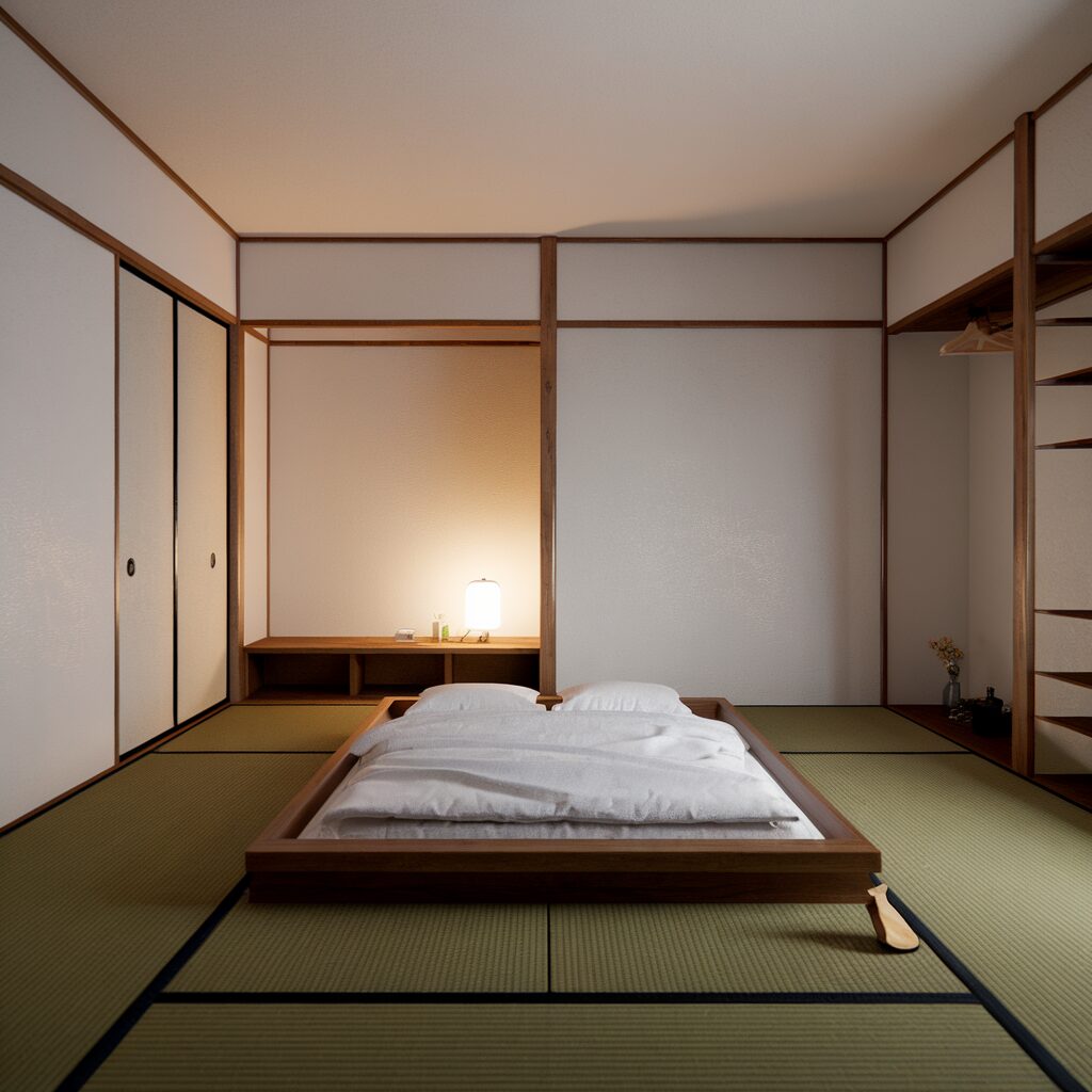 Minimalist Japanese-style bedroom with a low wooden bed, tatami mats, sliding closet doors, and a lit lamp on a small shelf in the corner.