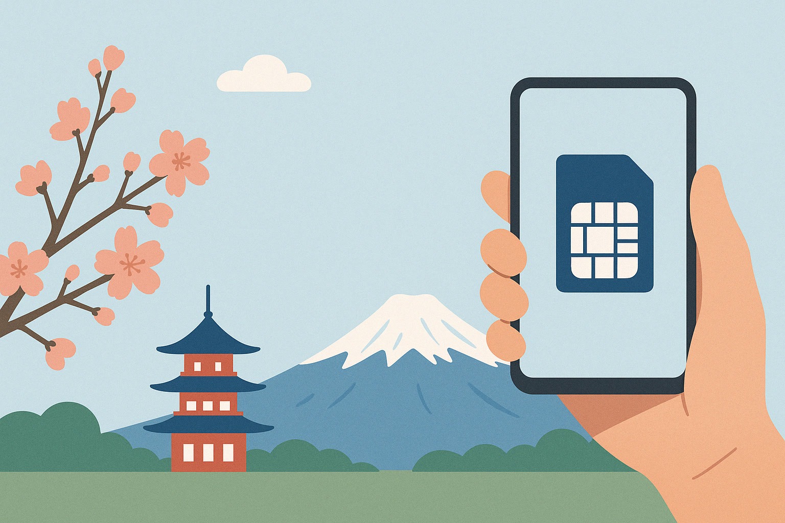 Illustration of a hand holding a smartphone displaying a SIM card icon, with cherry blossoms, a pagoda, and Mount Fuji in the background.