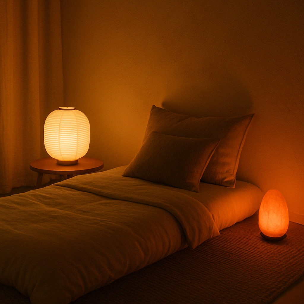 A neatly made bed with beige bedding next to a small table with a round paper lamp and a glowing salt lamp, all illuminated by warm, soft light.