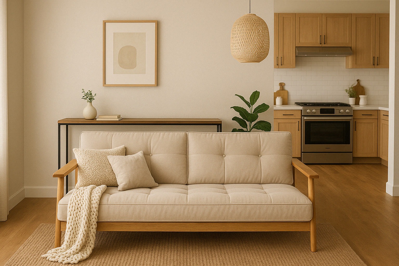 A beige sofa with cushions and a knitted throw sits in a neutral-toned living room, with a small plant, framed art, and a view of a modern kitchen in the background.