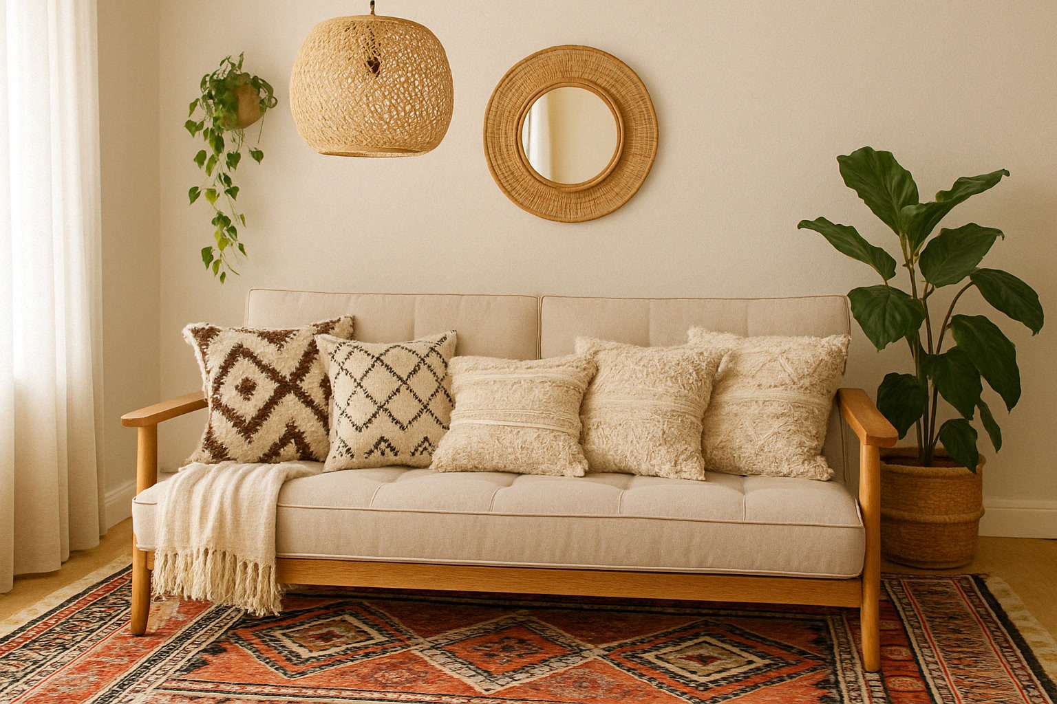 Beige sofa with patterned and textured cushions, a throw blanket, potted plant, woven pendant light, round mirror, and wall-mounted plant on a decorative rug in a neutral living room.