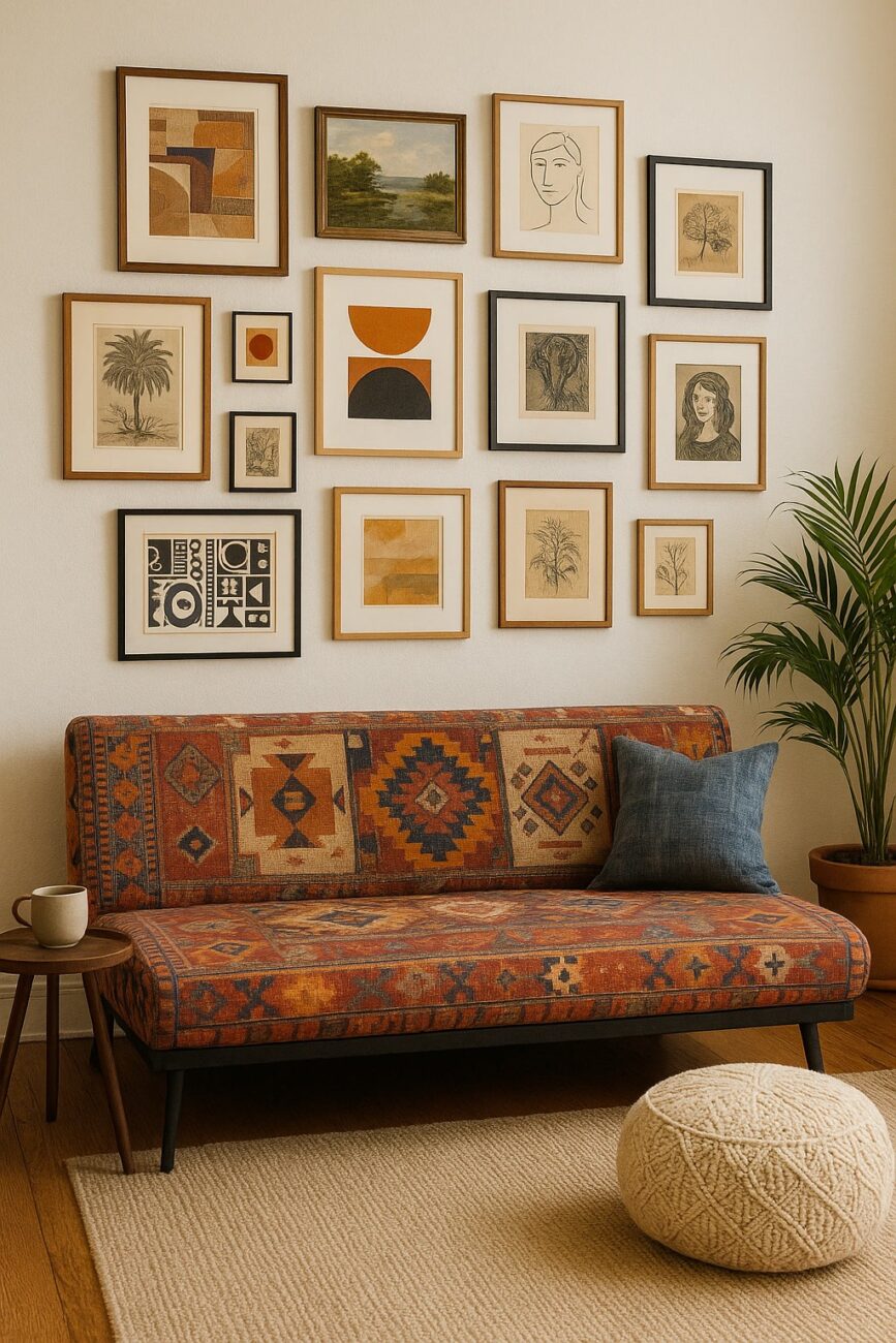 A patterned sofa with a blue pillow sits against a wall decorated with framed art. A round pouf, side table with a mug, and potted plant complete the cozy room.