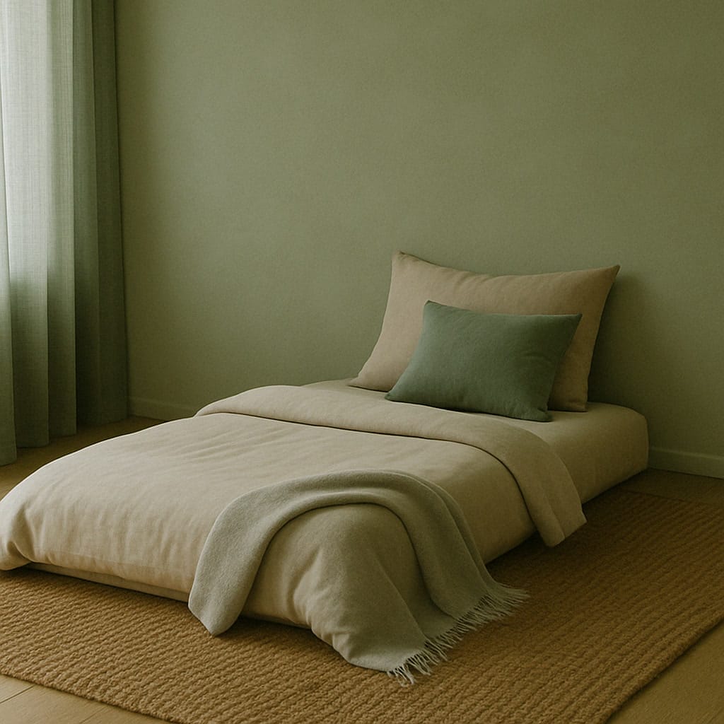 A minimalist bedroom features a low single bed with beige bedding, a green accent pillow, a beige throw, and a textured tan rug, against pale green walls and curtains.