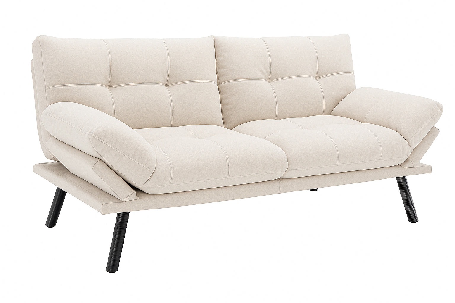 A modern cream-colored loveseat sofa with tufted cushions, angled black legs, and adjustable arms, set against a white background.