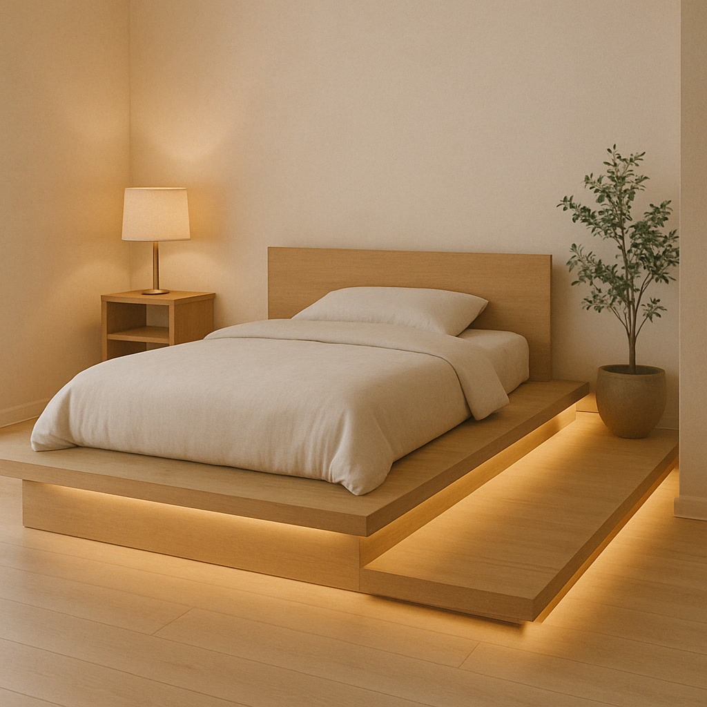 Minimalist bedroom with a platform bed featuring underbed lighting, a bedside table with a lamp, a potted plant, and light wood floors.