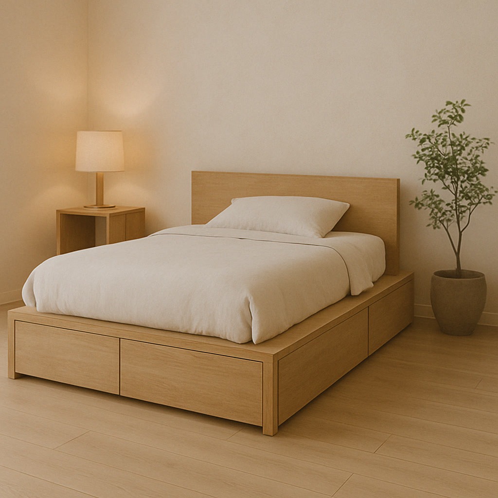 A minimalist bedroom with a wooden bed, beige bedding, a matching nightstand with a lamp, and a potted plant on a light wood floor.