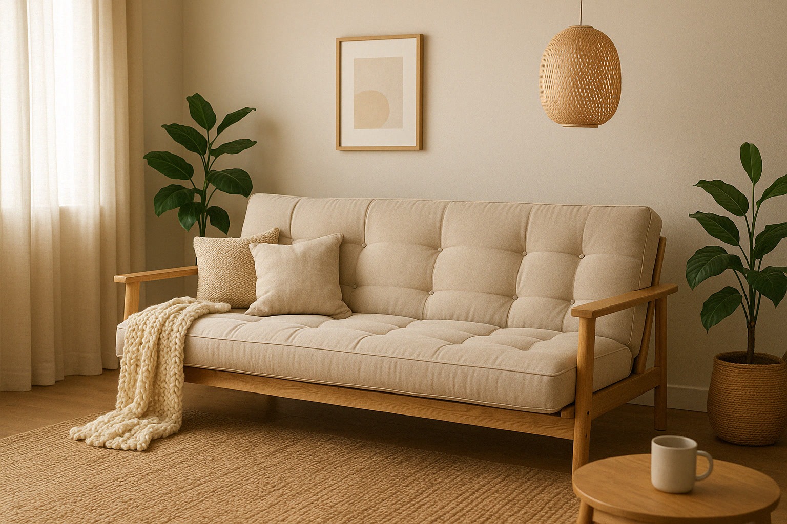 A beige sofa with cushions and a knitted throw sits in a living room with potted plants, a woven rug, a round table, and neutral decor.