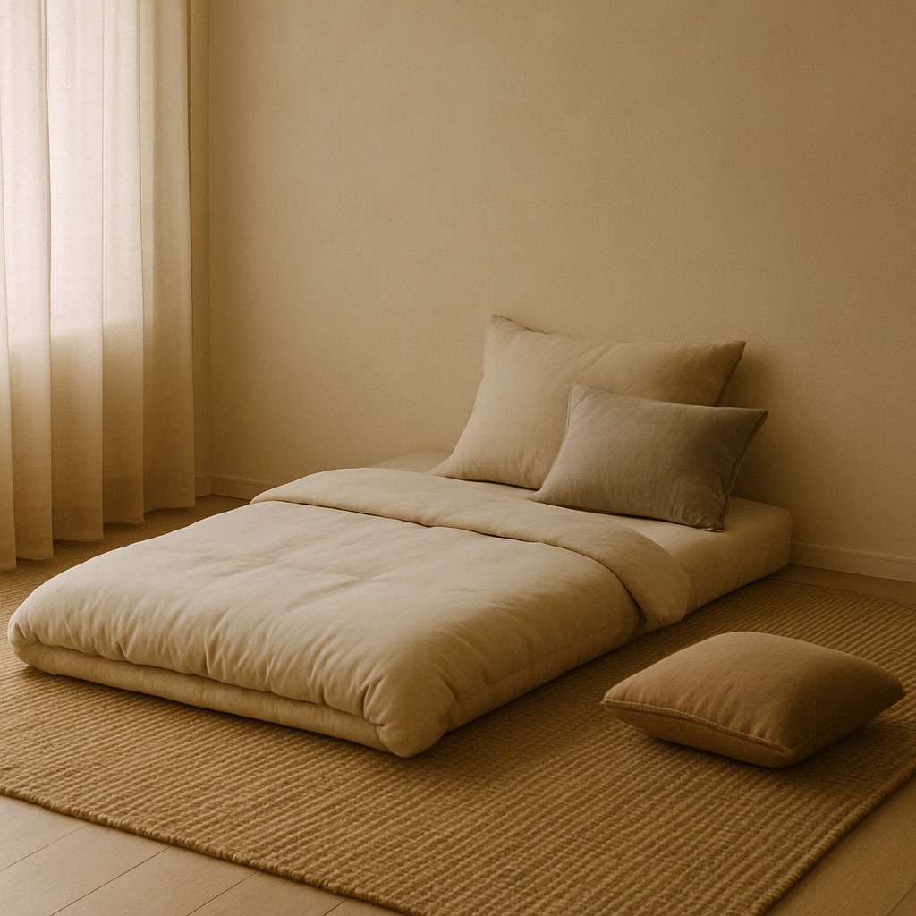 A minimalist bedroom with a beige futon bed, two pillows, a blanket, and a separate cushion on a textured rug, with light beige curtains and walls.