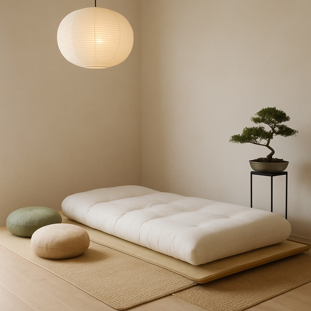 A minimalist room with a futon on a mat, two round floor cushions, a potted bonsai on a stand, and a paper lantern hanging from the ceiling.